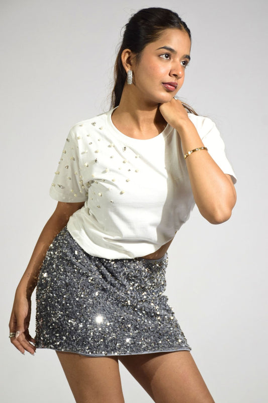 Boujee Pearl Embellished Handcrafted Crop T-Shirt White