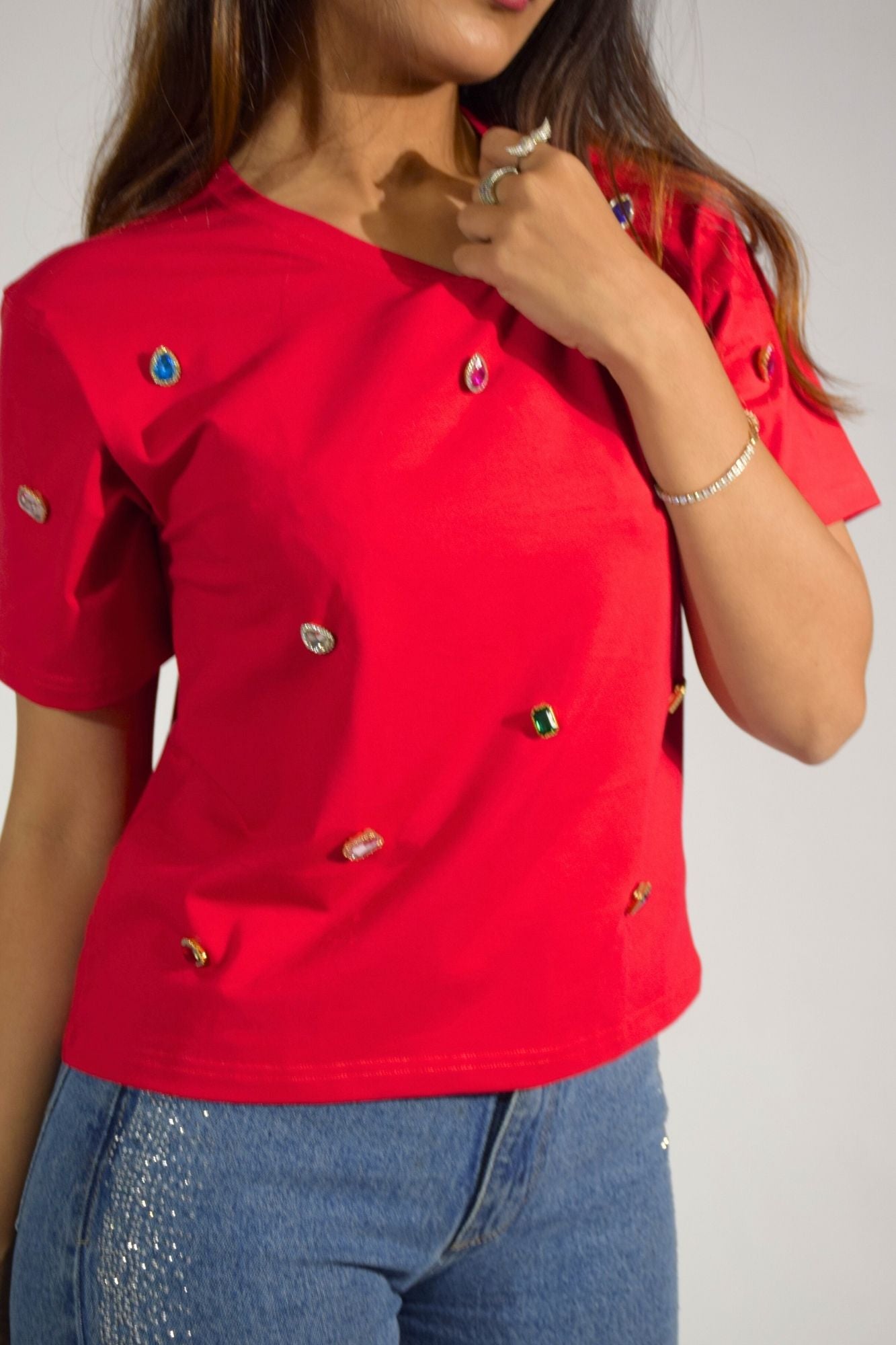 Infinity stones Embellished Handcrafted Crop T Shirt Red