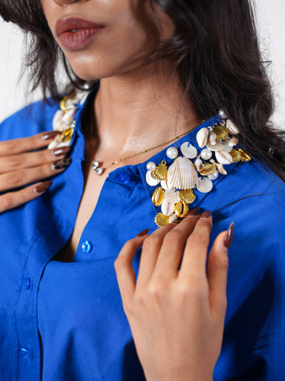 Sea Shell Embellished Handcrafted Crop Shirt Blue