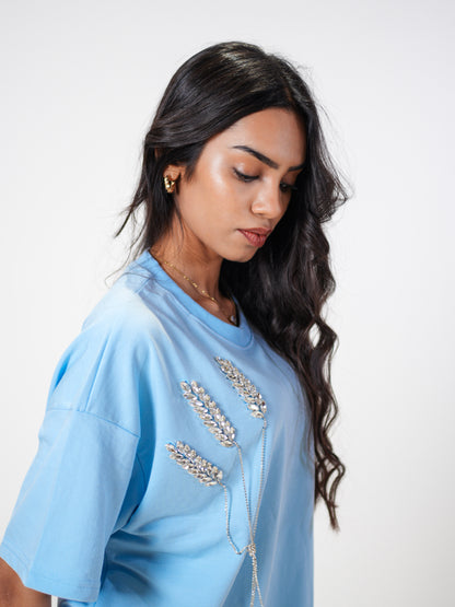 The Grain Embellished Handcrafted Oversized Tshirt Dress Powder Blue