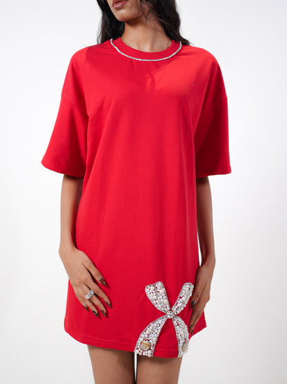 Ruby Bow Embellished Handcrafted Oversized Tshirt Dress Red