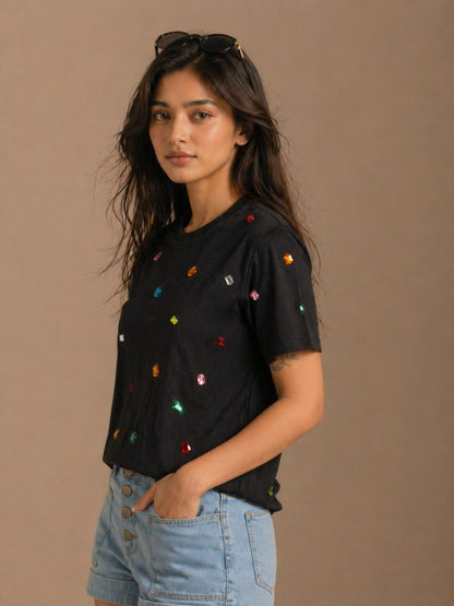 9 Stone Embellished Handcrafted Crop T-Shirt Black