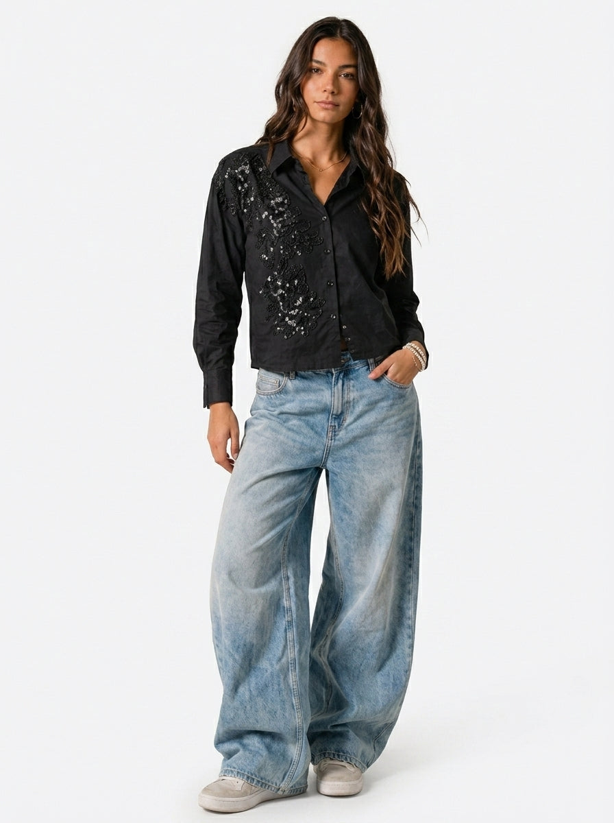 Pearl River Embellished Handcrafted Crop Shirt black
