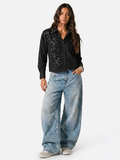 Pearl River Embellished Handcrafted Crop Shirt black