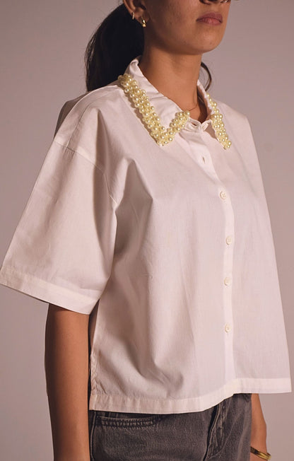 Pearl Swan  Embellished Handcrafted Crop Shirt White