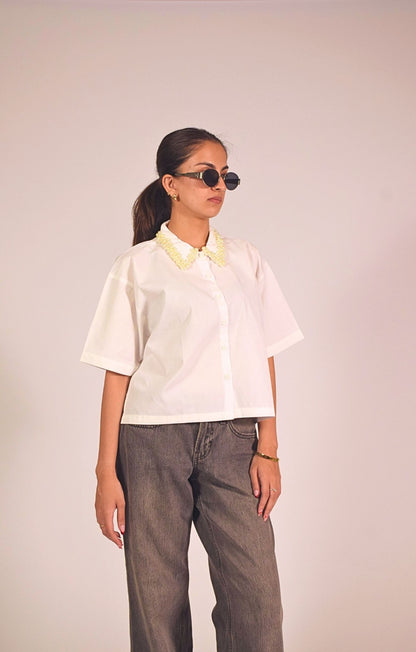 Pearl Swan  Embellished Handcrafted Crop Shirt White