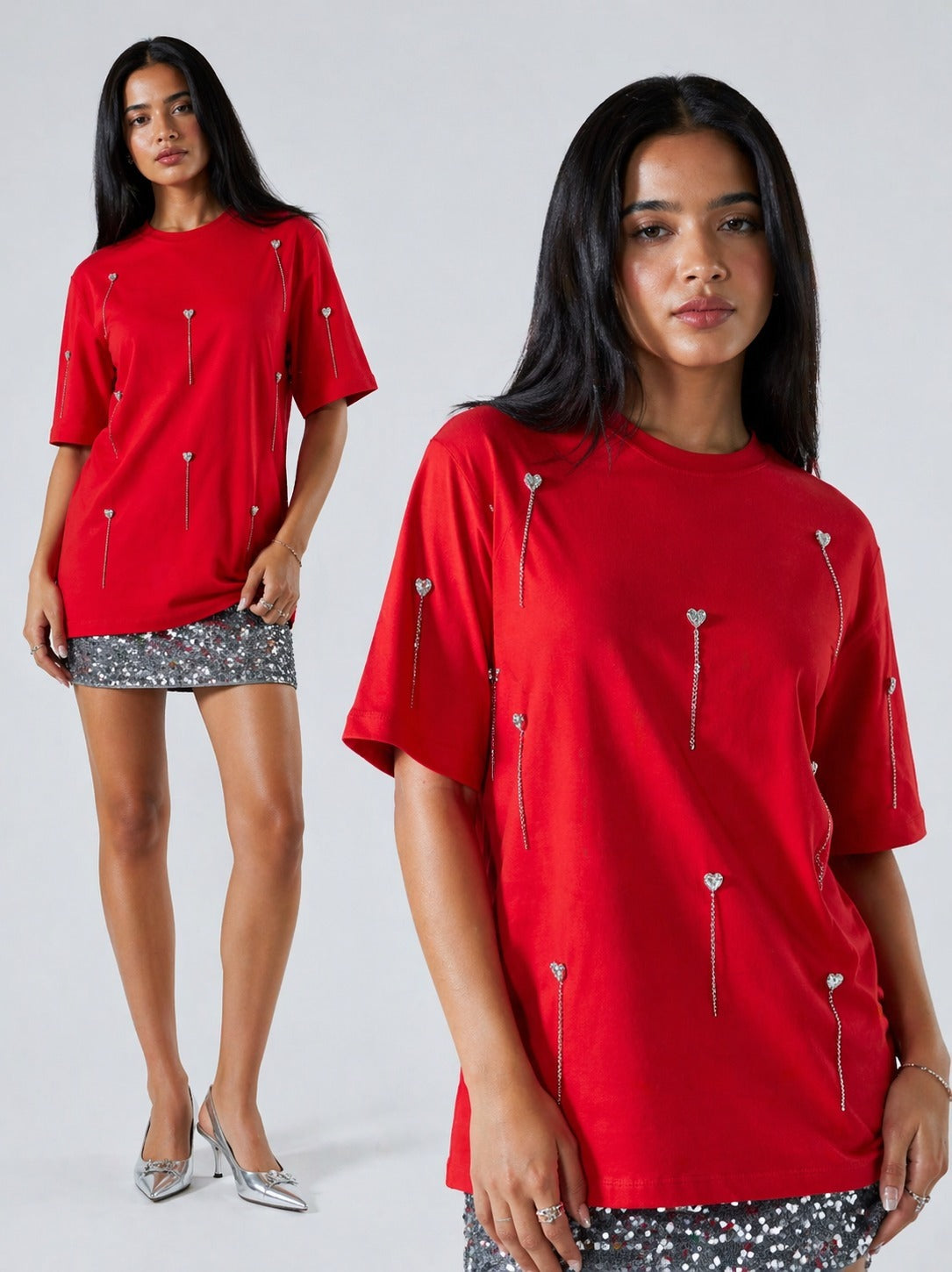 Heartdrop Embellished Handcrafted Drop oversized T-Shirt Red