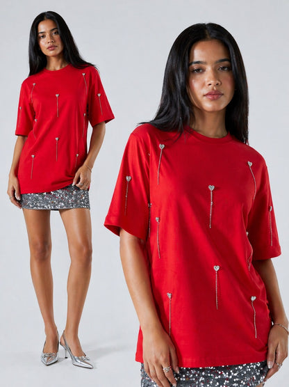 Heartdrop Embellished Handcrafted Drop oversized T-Shirt Red