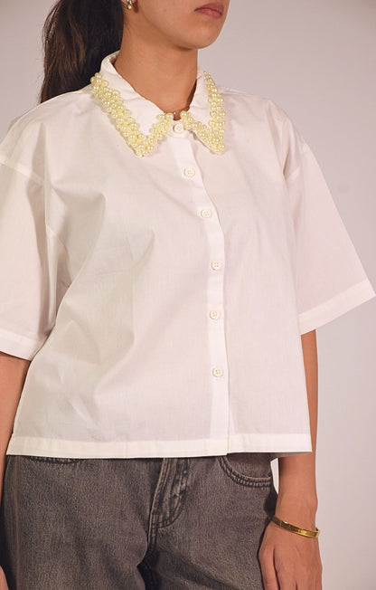 Pearl Swan  Embellished Handcrafted Crop Shirt White