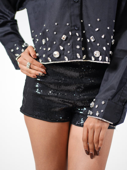 After Moon Embellish Handcrafted Crop Shirt Black