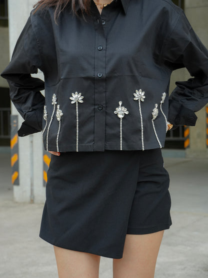Midnight lotus Embellish Handcrafted Crop Shirt Black