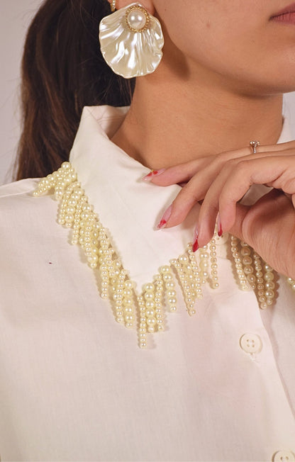 Pearl Fall Embellished Handcrafted Crop Shirt White