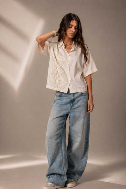 Pearl River Embellished Handcrafted Crop Shirt White