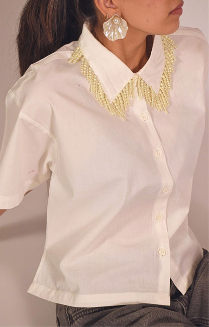 Pearl Fall Embellished Handcrafted Crop Shirt White