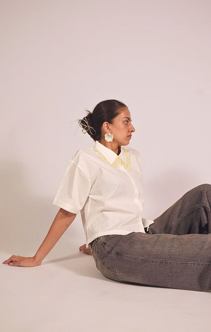 Pearl Fall Embellished Handcrafted Crop Shirt White