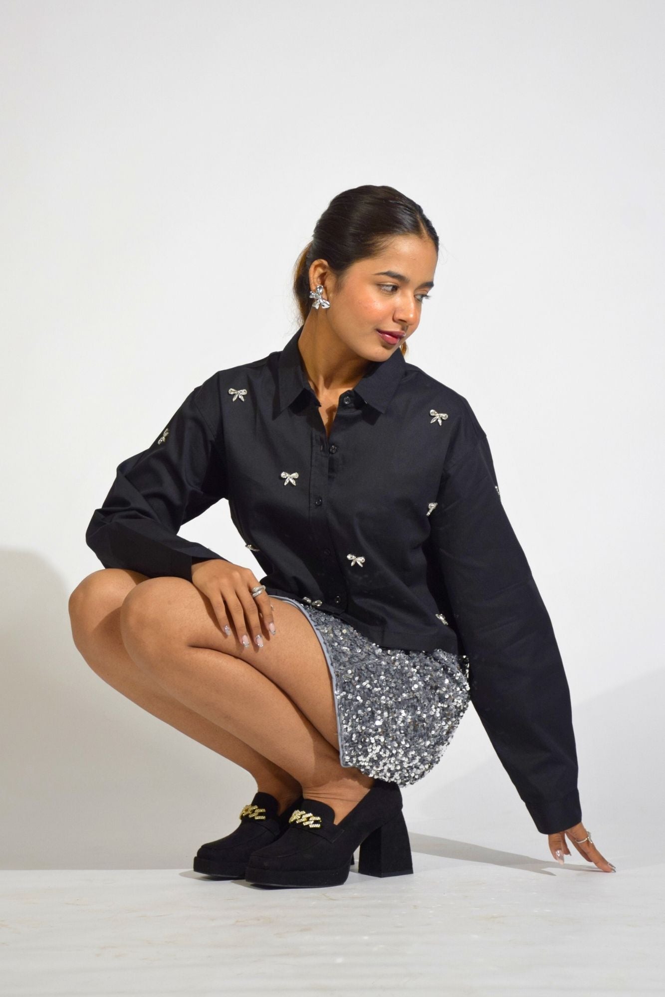 Bow Bliss Embellished Handcrafted Crop Shirt Black