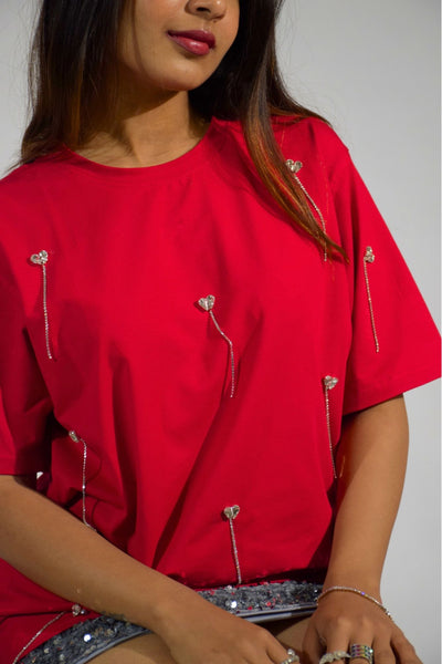 Heartdrop Embellished Handcrafted Drop oversized T-Shirt Red hover image