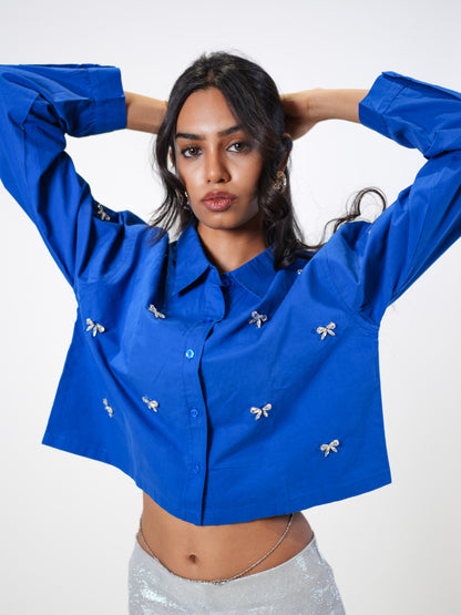 Bow Bliss Embellished Handcrafted Crop Shirt Blue
