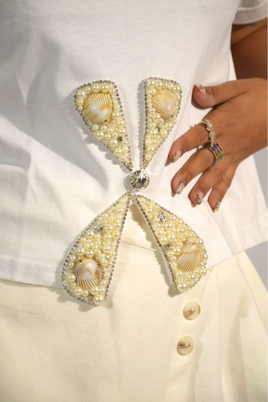 Bow Aura Handcrafted Embellished Crop T-shirt White