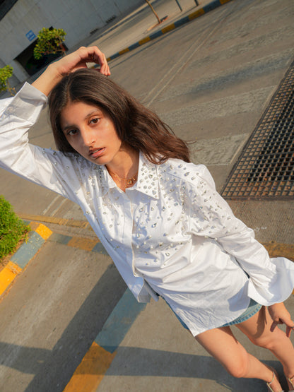 Noor Drip Embellished Handcrafted Oversized Shirt White