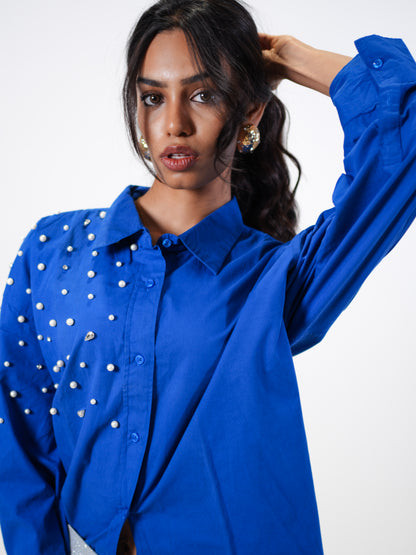 Boujee Pearl Embellished Handcrafted Oversized Shirt Blue