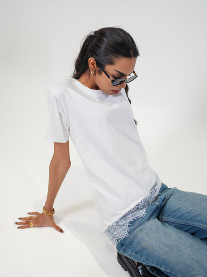 Lace Affair Embellished Handcrafted Relaxed Fit T-Shirt White