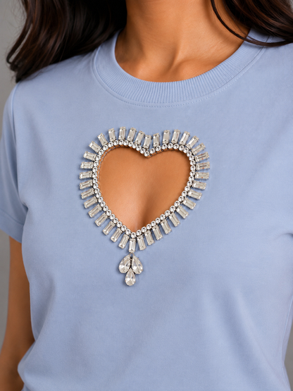 Heart Pop Handcrafted Embellished Crop T-shirt Blue