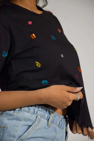 9 Stone Embellished Handcrafted Crop T-Shirt Black hover image