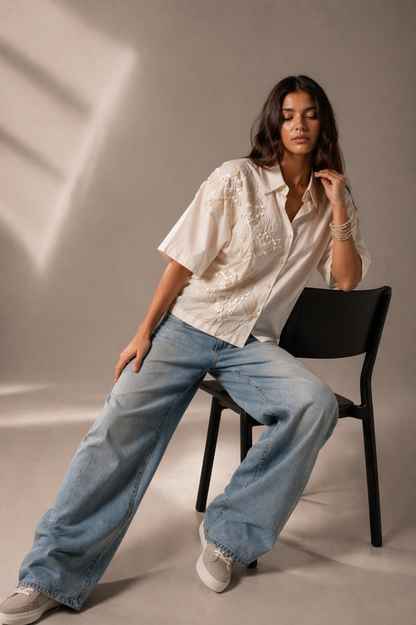 Pearl River Embellished Handcrafted Crop Shirt White