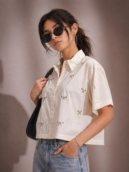 Bow Bliss Embellished Handcrafted Crop Shirt White
