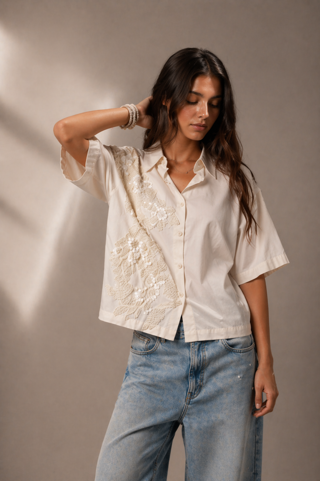 Pearl River Embellished Handcrafted Crop Shirt White
