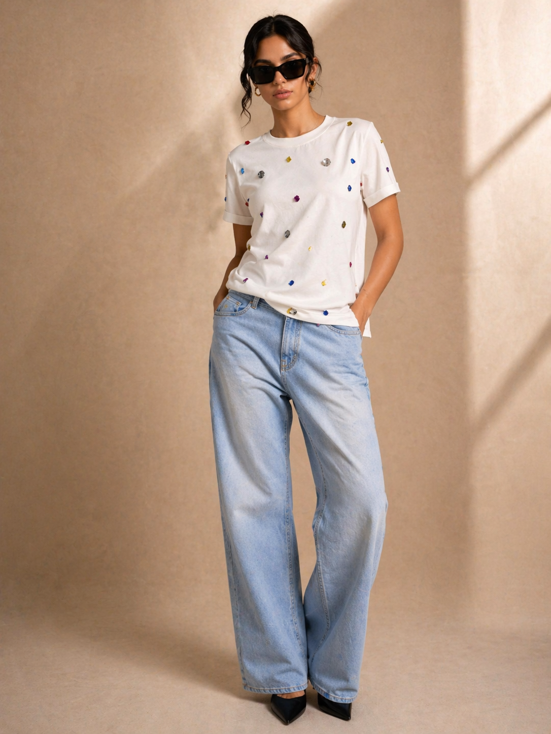 9 Stone Embellished Handcrafted oversized T Shirt White