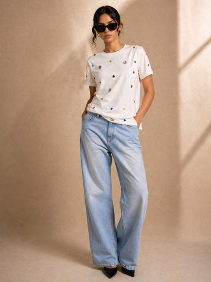 9 Stone Embellished Handcrafted oversized T Shirt White