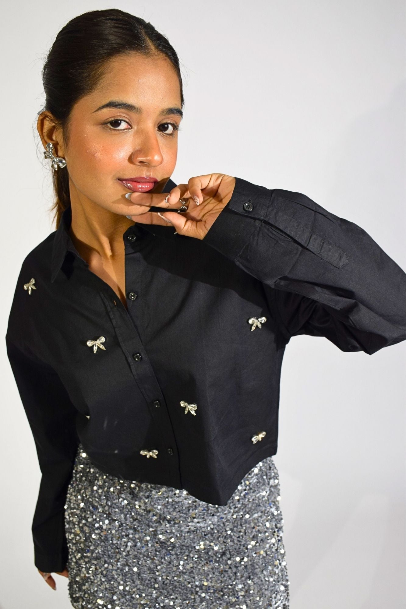 Bow Bliss Embellished Handcrafted Crop Shirt Black
