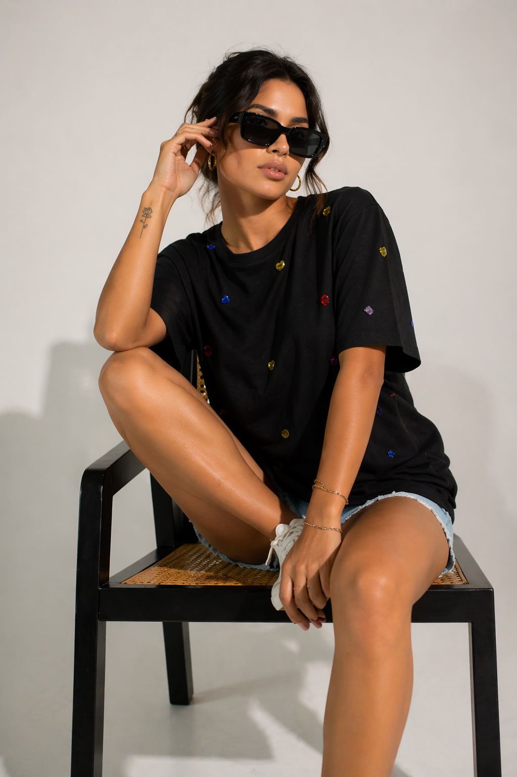 9 Stone Embellished Handcrafted oversized T-Shirt Black