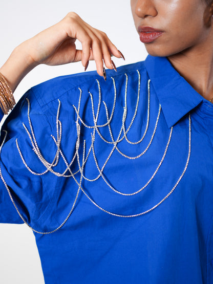 Edgy Embellished Handcrafted Oversized Shirt Blue