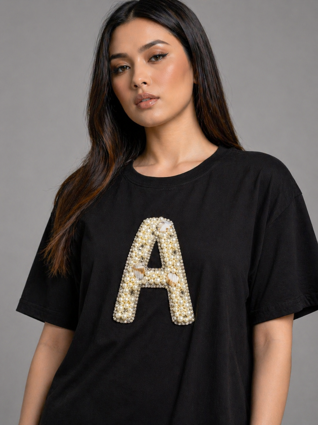 Personalized alphabet hand embroidered embellished oversized T-shirt Black