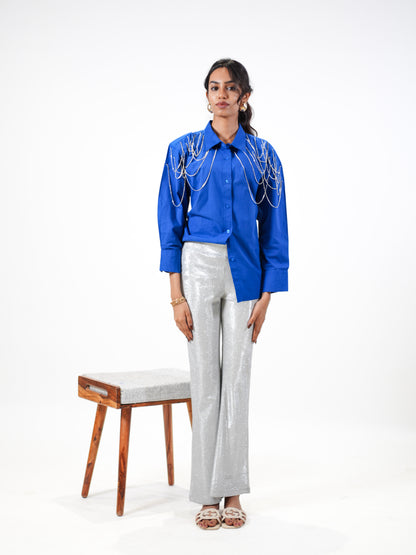 Edgy Embellished Handcrafted Oversized Shirt Blue