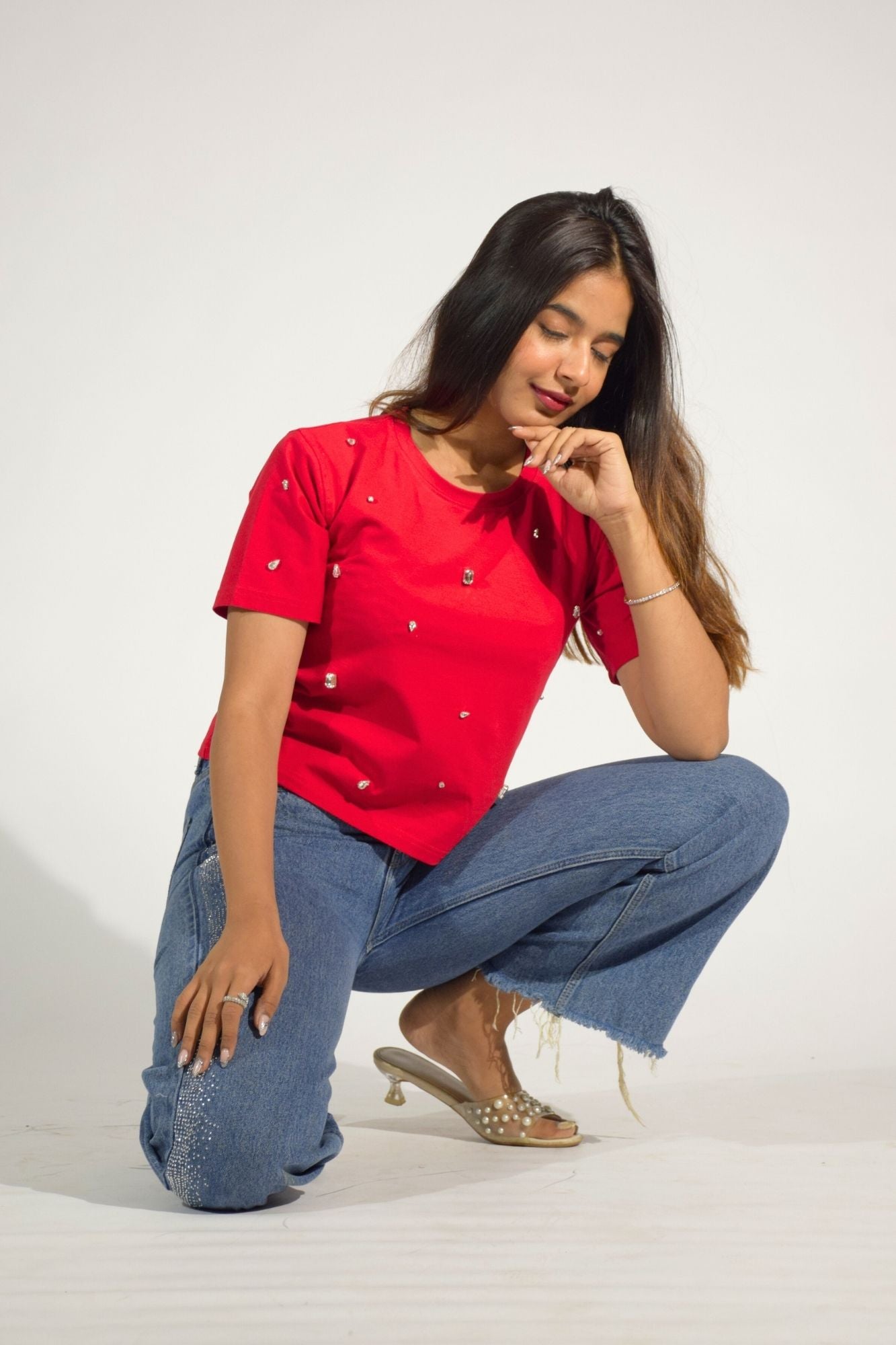Infinity stones Embellished Handcrafted Crop T Shirt Red