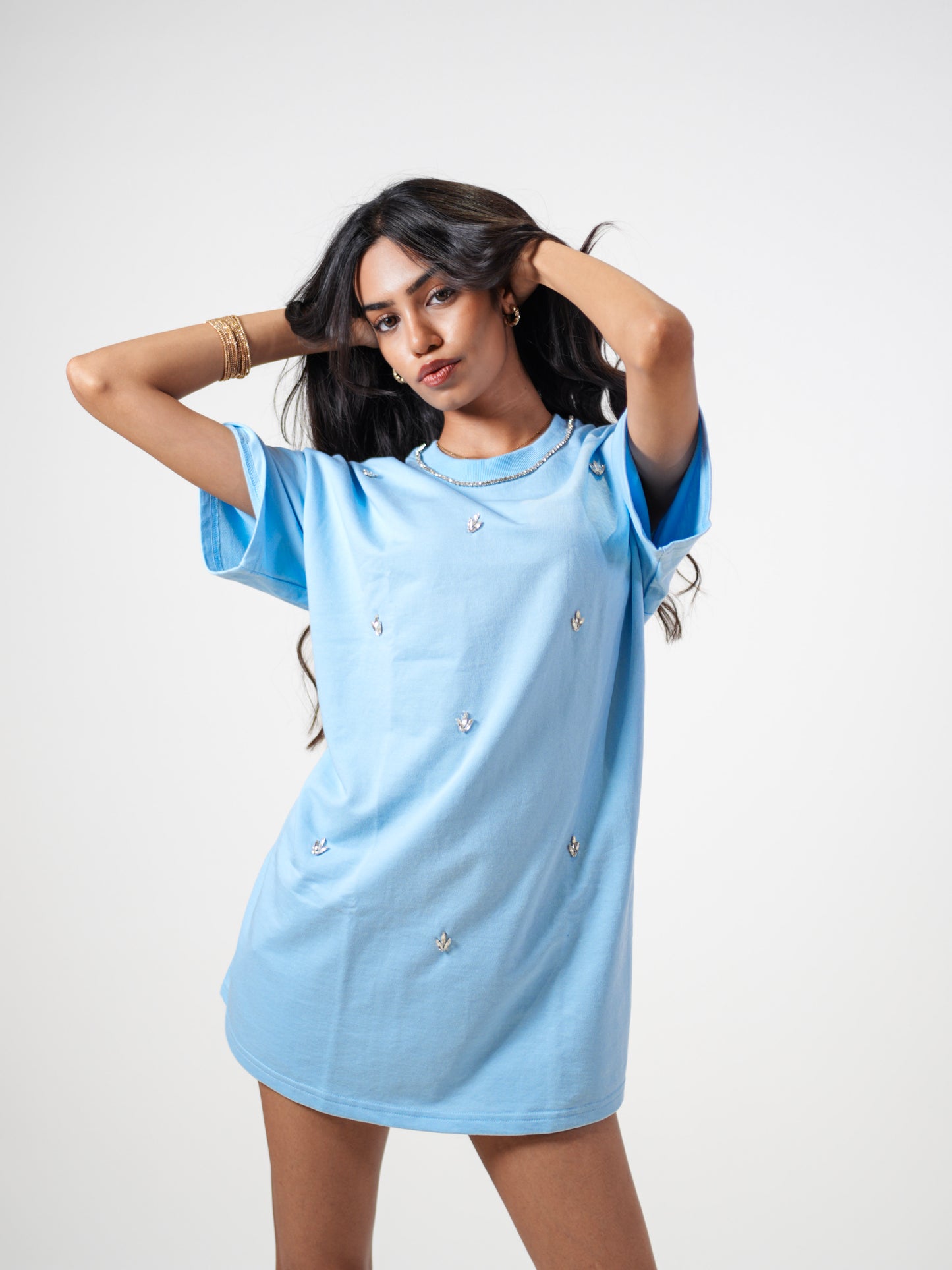 Sky Leaf Embellished Handcrafted Oversized Tshirt Dress Powder Blue