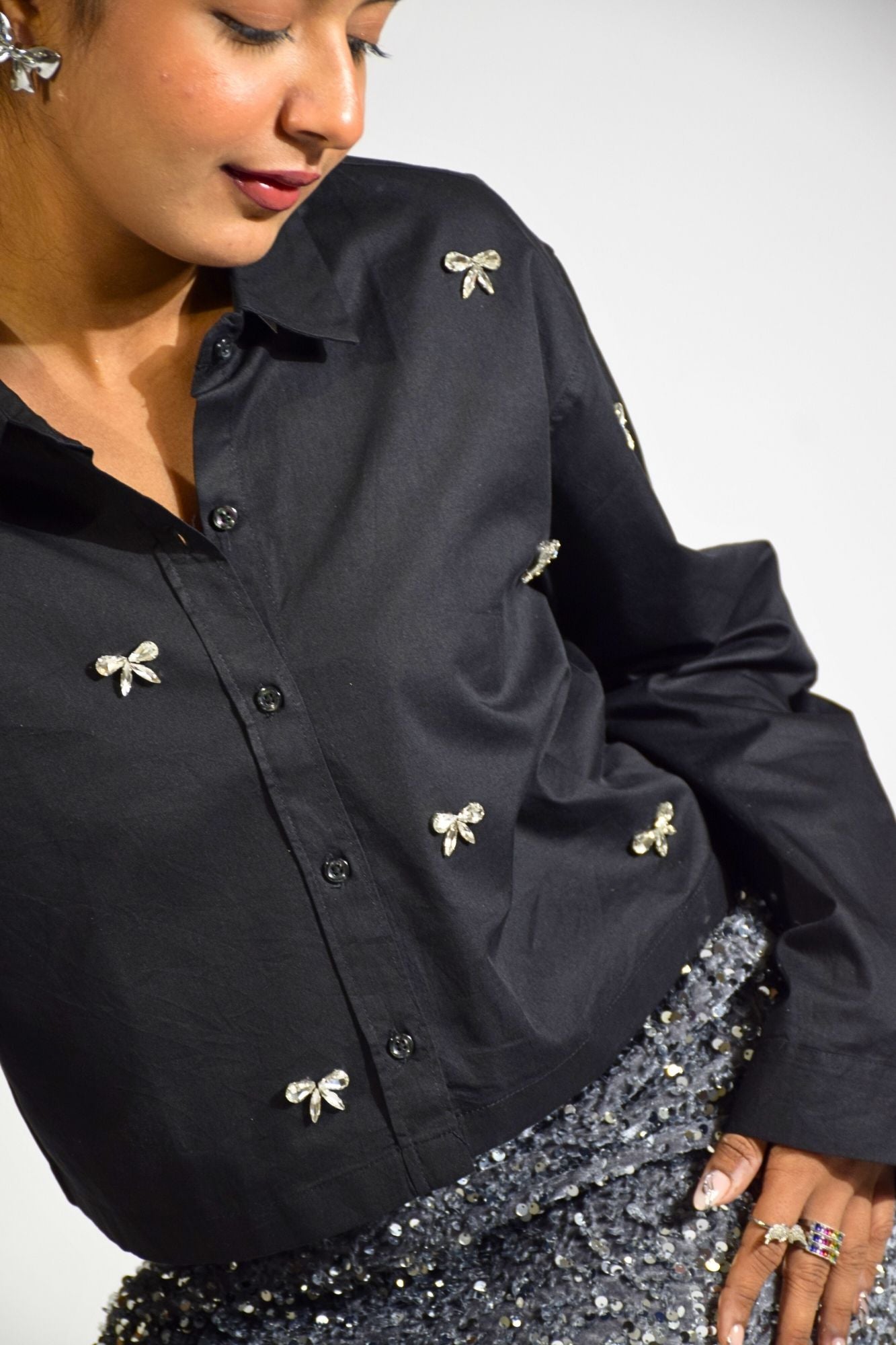 Bow Bliss Embellished Handcrafted Crop Shirt Black