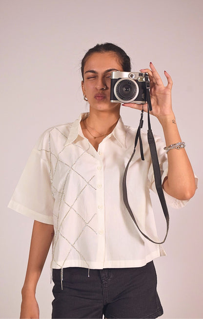 Cross Embellished Handcrafted Crop Shirt White