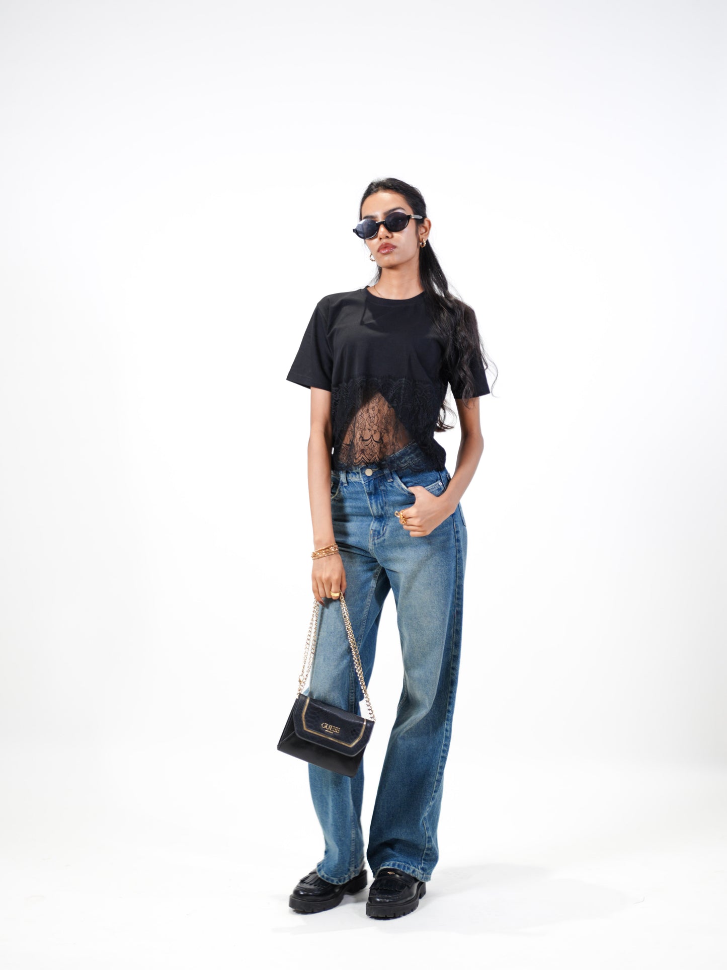 Lace Affair Embellished Handcrafted Drop Crop T-Shirt Black