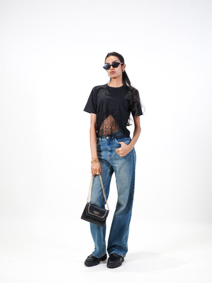 Lace Affair Embellished Handcrafted Drop Crop T-Shirt Black