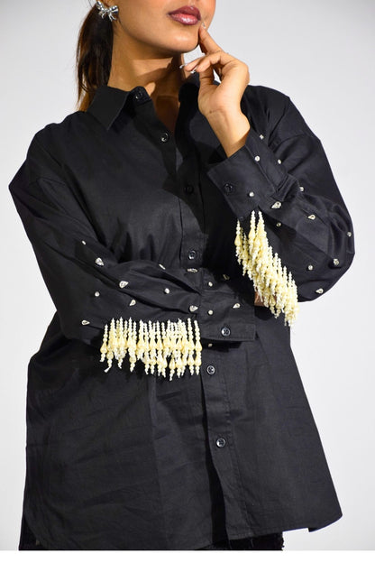 Wild Pearl Cuffs Oversized Shirt Black