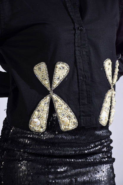 Bow Aura Charm Embellished Handcrafted Crop Shirt Black