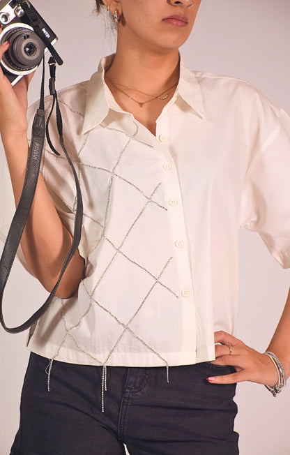 Cross Embellished Handcrafted Crop Shirt White