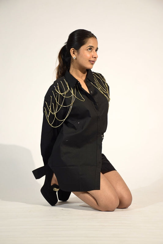 Edgy Embellished Handcrafted Oversized Shirt Black
