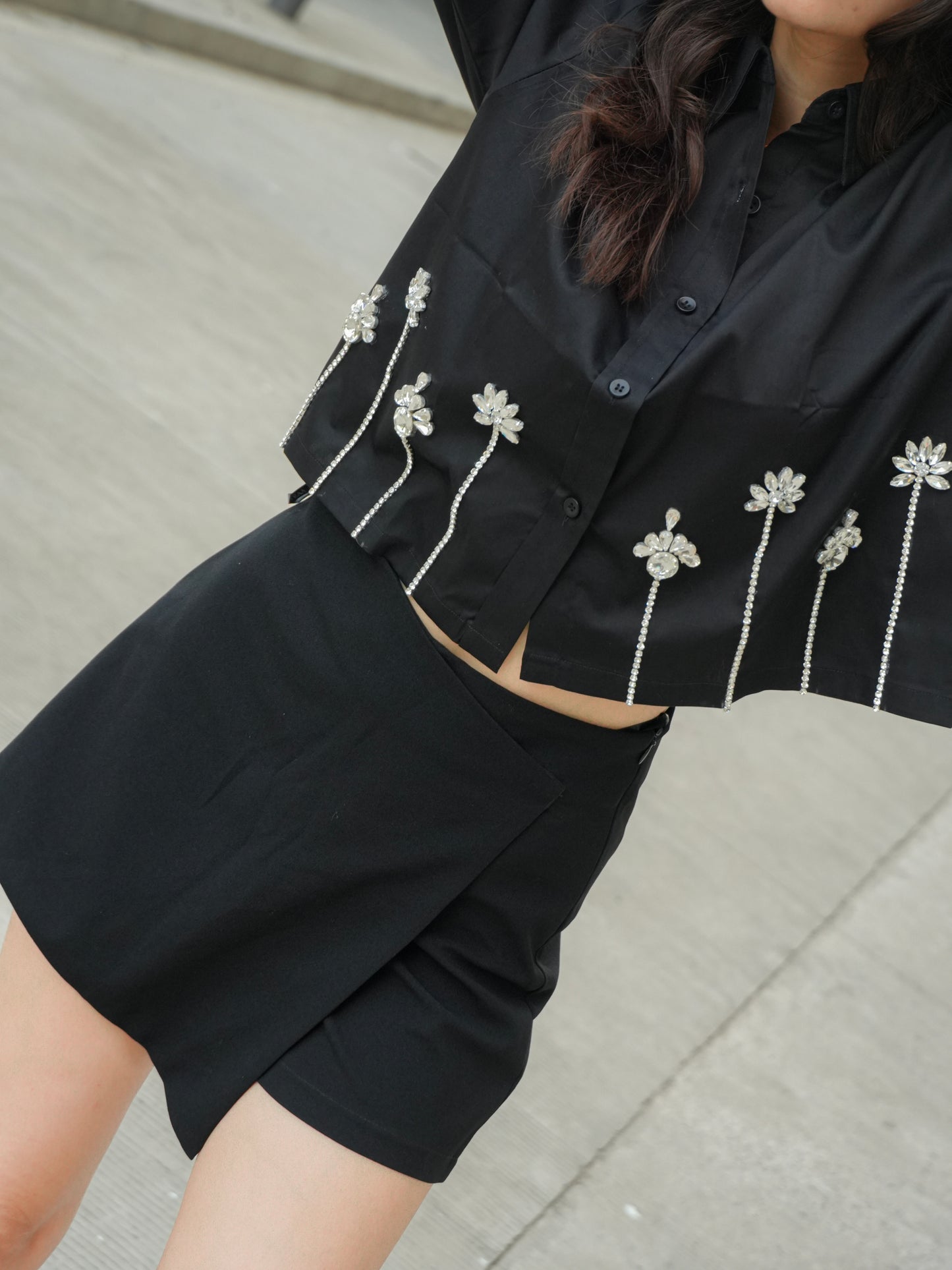 Midnight lotus Embellish Handcrafted Crop Shirt Black
