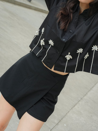 Midnight lotus Embellish Handcrafted Crop Shirt Black